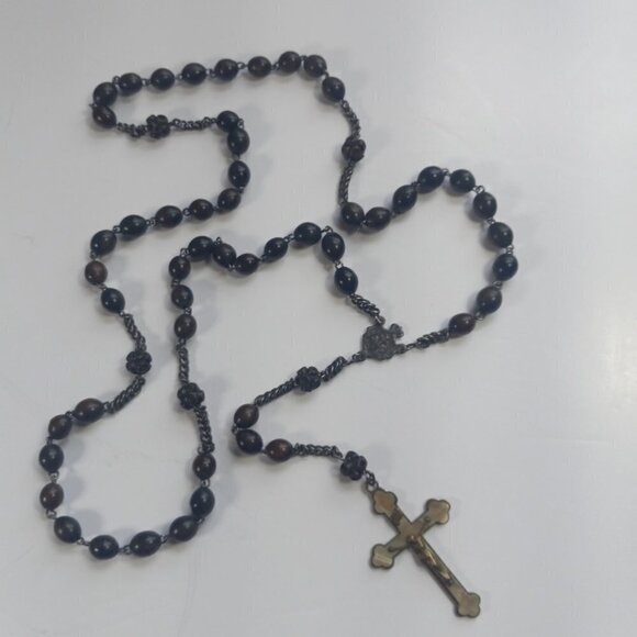 Vintage Rosary St Mary Steel Bakelite Brass Hardwood Large & Substantial - Picture 11 of 15